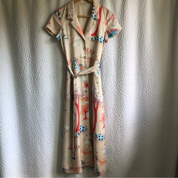 Aritzia Wilfred Champagne/Cornflower Shirt Dress Button-front Satin Midi Dress - Picture 3 of 16